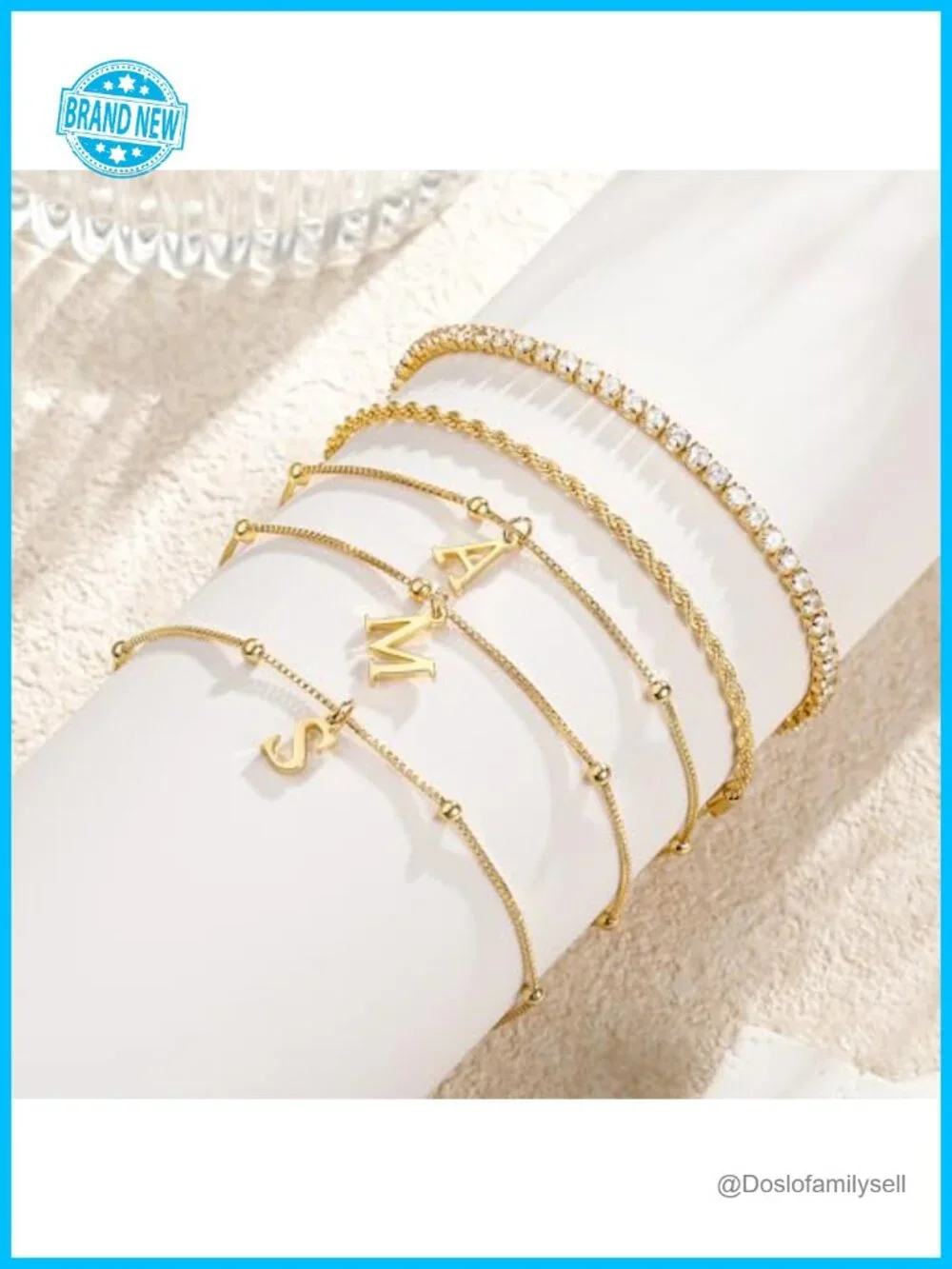 Dainty Gold Plated Bracelet Stack Set - Initial, Tennis & Rope Chain -